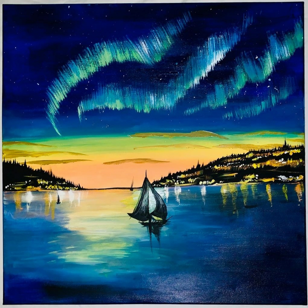 Hand painted Northern Lights by the lake